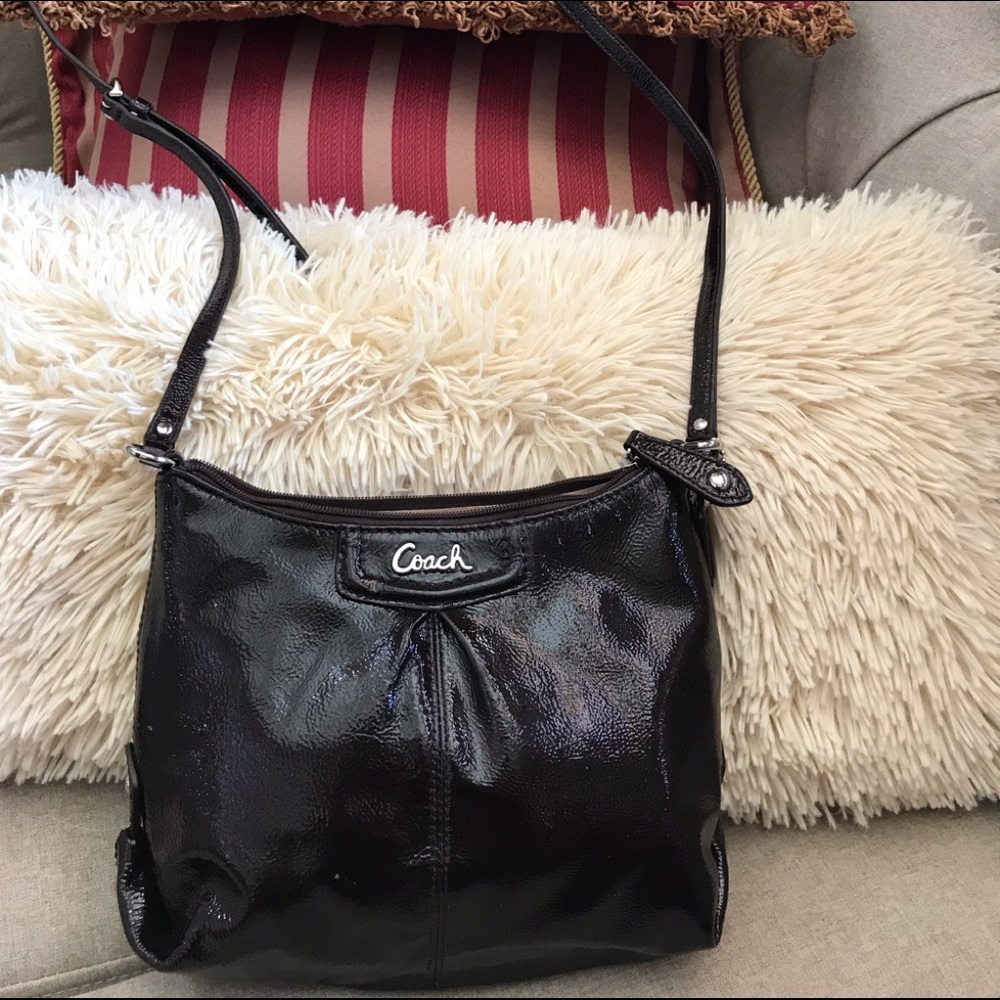 Authentic Coach cross-body dark brown patent leather